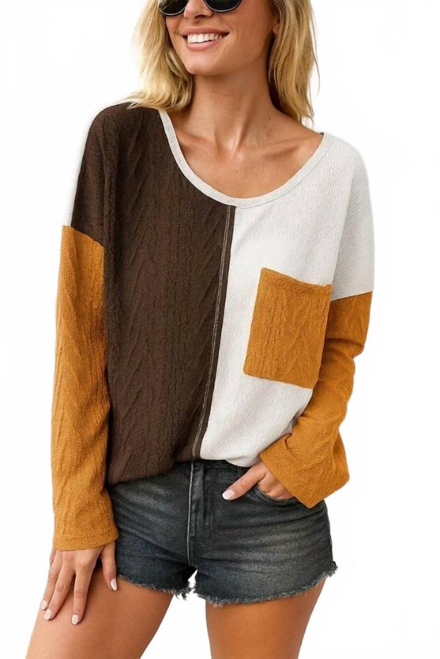 NEW T & C  APPAREL women's colorblock patchwork top in brown